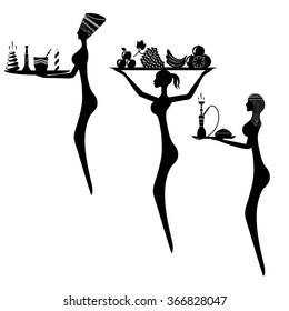 Silhouettes of three women in a traditional style with trays on which there are facilities for a spa, fruit, hookah with accessories.