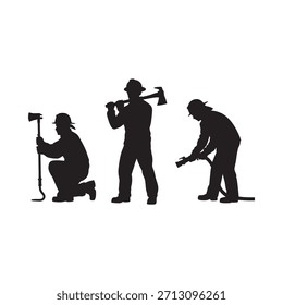 Silhouetten von drei Arbeitern mit Werkzeugen eine Schaufel Axt und Pickaxe