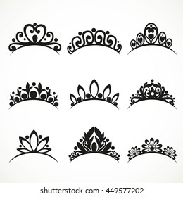 Silhouettes of tiaras of various shapes with flowers and hearts on a white background