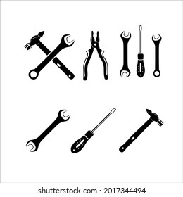 Silhouettes of tools for repair vector graphics. Black drawing on a white background for graphic and web design. Handyman tools.