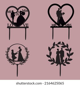 Silhouettes topper of wedding, bride, marriage, heart, flower arch.