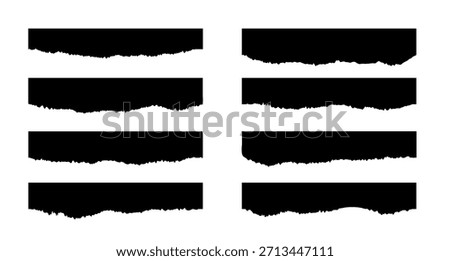 Silhouettes of torn paper with ripped edge. Set of black narrow page strips on white background