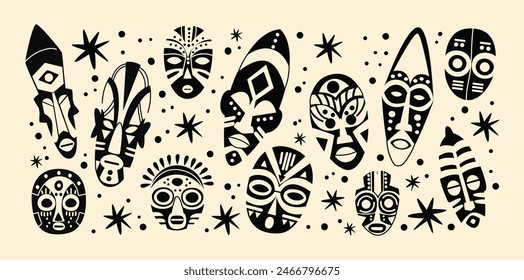 Silhouettes of totem African tribal masks. Set of ritual mythological ethnic aboriginal face masks. Set of stickers of African tropical Hawaiian culture patterns