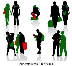 Silhouettes of tourists in different situation.