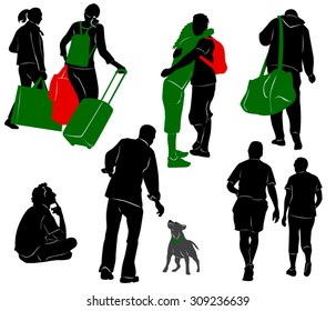 Silhouettes of tourists in different situation