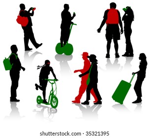 Silhouettes of tourists in different situation