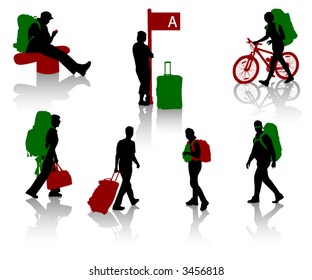 Silhouettes of tourists with luggage