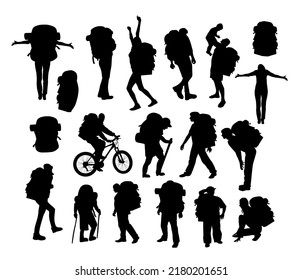 Silhouettes of tourists. People with a big backpack. Vector illustration