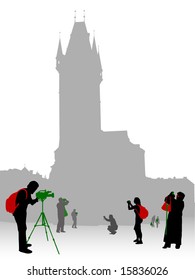 Silhouettes of tourists and photographers on the Oldtown square in Prague