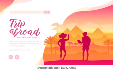 Silhouettes of tourists travelers viewing the sights of Egypt. The idea of a postcard, banner, magazine cover about ecotourism. Vector illustration design concept