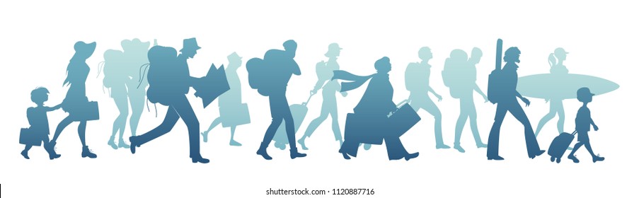 Silhouettes of tourists walking carrying suitcases, backpacks, map, guitar, and surfboard. Young, elderly, families, children, isolated on white background.