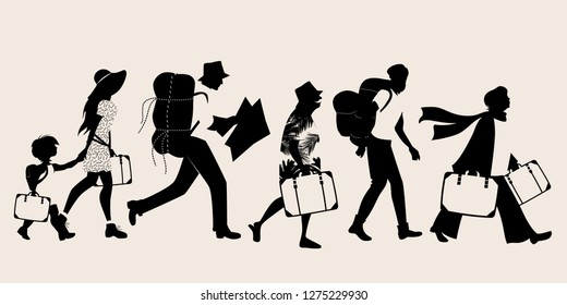 Silhouettes of tourists walking carrying suitcases and backpacks 