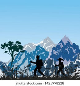 Silhouettes of the Tourists walking in the mountain landscape, travel theme vector illustration