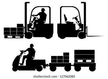 Silhouettes of tow tractor and forklift with operator