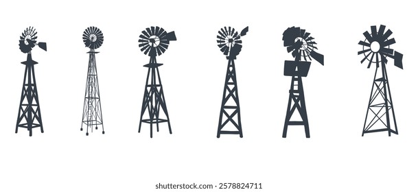 Silhouettes of traditional windmills, symbolizing rural landscapes, sustainability, and clean energy