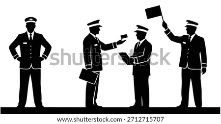 silhouettes of train conductors in various actions isolated