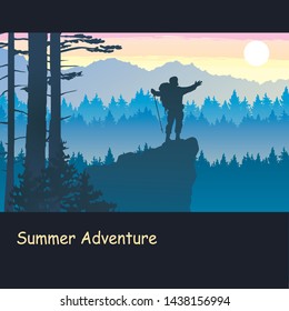 Silhouettes of traveler with backpacks in the forest. Mountain landscape. hiking, trekking, backpacking.
