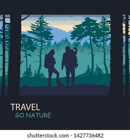 Silhouettes of travelers with backpacks in the forest. Mountain landscape. hiking, trekking, backpacking.