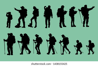 Silhouettes of travelers with backpacks set. hiking, trekking, backpacking.
