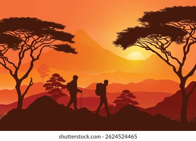 Silhouettes of Travelers Hiking Through a Vibrant Sunset Landscape with Rolling Hills, African Trees, and Distant Peaks. Wilderness Adventure, Wildlife Travel, and Nature Explore in Warm Tones