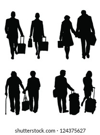 Silhouettes of travelers with suitcases