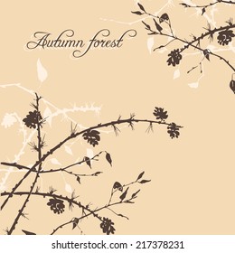 silhouettes of tree branches with leaves and pine cones, hand drawn vector illustration