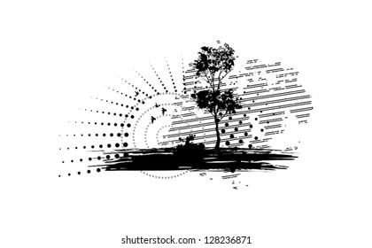 Silhouettes of tree and flying birds