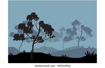 Silhouettes of tree on the hills