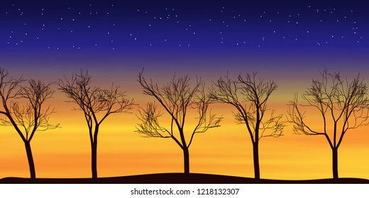 Silhouettes of trees against a bright orange sunrise, vector illustration, EPS10