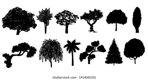 Silhouettes of trees big collection. Vector illustration