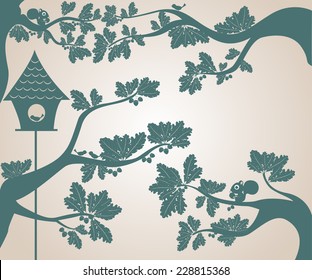 silhouettes of trees and bird house