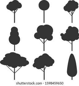 Silhouettes of trees. Black isolated silhouettes of trees on a white background. Black silhouette of a tree. Vector illustration 