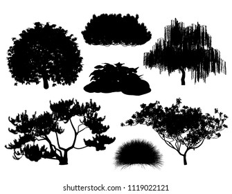 Silhouettes of trees and bushes for backgrounds and architectural designs. Vector illustration of a tree outline for landscape design