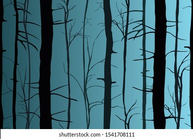 Silhouettes of trees in the dark night forest. Fantastic mysterious landscape. Foggy forest background. Paranormal, mystical concept. Vector illustration.