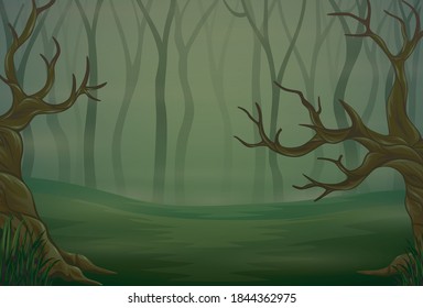 Silhouettes of trees in the dark night forest