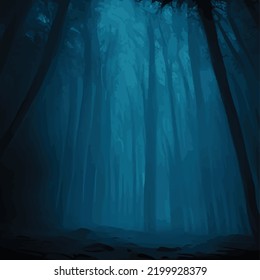 Silhouettes of trees in a dark night forest with a blue haze tint. Fantastic mysterious landscape. Foggy forest background. Paranormal, mystical concept. Vector illustration.