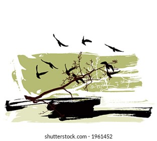 Silhouetten von Bäumen und fliegenden Vögeln auf grauem Hintergrund