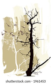Silhouettes of trees and flying birds on a grunge background