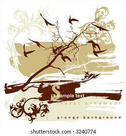 Silhouettes of trees and flying birds on a grunge background
