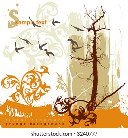 Silhouettes of trees and flying birds on a grunge background