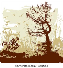 Silhouettes of trees and flying birds on a grunge background Look similar pictures in my portfolio