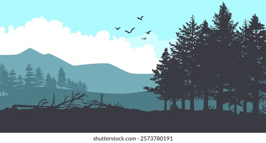 Silhouettes of a trees forest and mountain. natural isolated on blue background.