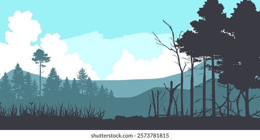 Silhouettes of a trees forest and mountain. natural isolated on blue background.