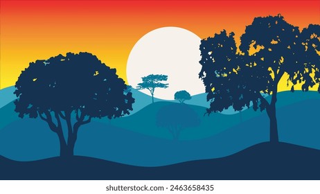 Silhouettes of trees in the forest with mountains and sunset in the background