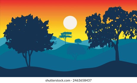 Silhouettes of trees in the forest with mountains and sunset in the background
