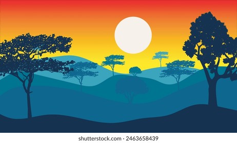 Silhouettes of trees in the forest with mountains and sunset in the background