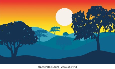 Silhouettes of trees in the forest with mountains and sunset in the background