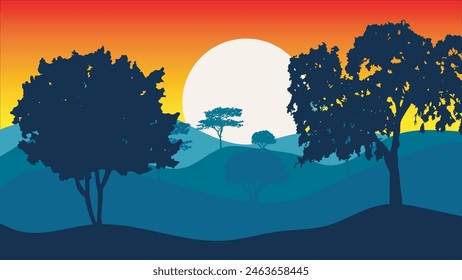 Silhouettes of trees in the forest with mountains and sunset in the background