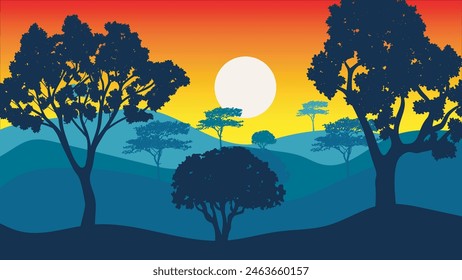 Siluetas de árboles en el bosque con montañas y puesta de sol en el fondo