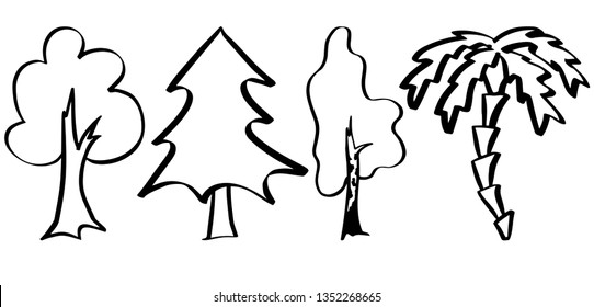 Silhouettes of trees. Hand drawing. Oak, spruce, birch, palm. Outline.